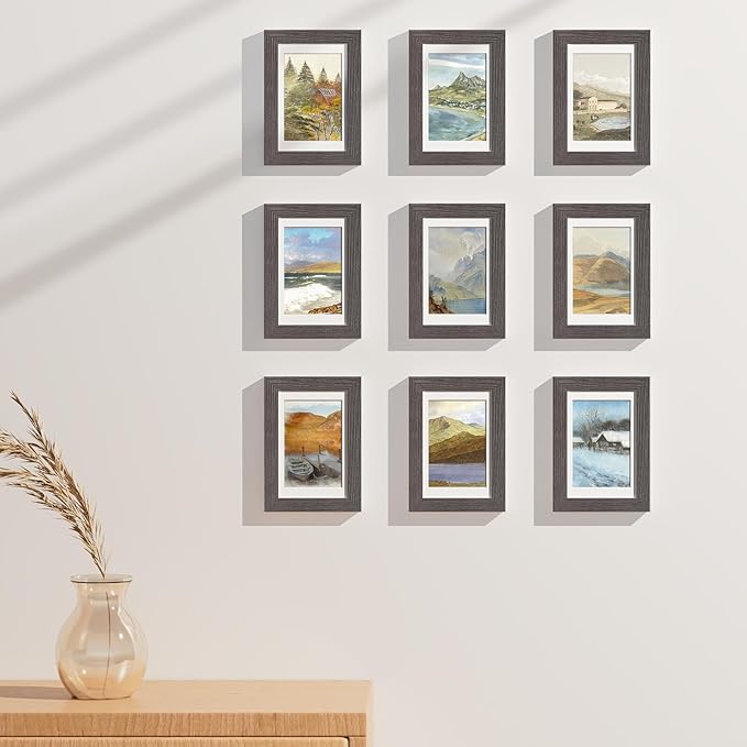 Vittanly 4x6 Picture Frames Set of 9, Display 3.5x5 Pictures with Mat or 4x6 without Mat, Photo Frames for Wall or Tabletop with Plexiglass, Engineered Wood, Dark Grey