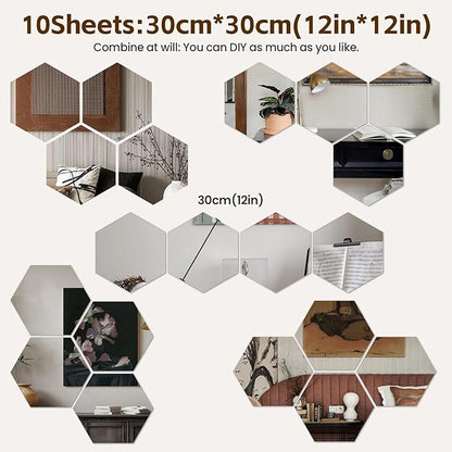Abyssaly Hexagon Mirror Stickers for Walls 4 Pack 11.8''x11.8'' Self Adhesive Flexible Acrylic Wall Mirrors Decorative Peel and Stick Mirror Tiles 2mm Thick Stick on Mirrors for Wall Door Locker
