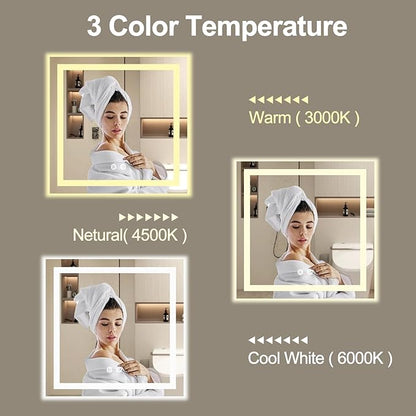 36 X 36 Inch Square LED Bathroom Vanity Mirror, 3 Colors Light Dimmable, Wall Mounted Memory Lighted Makeup Mirror with Anti-Fog Touch Switch (Front-lit&Backlit)