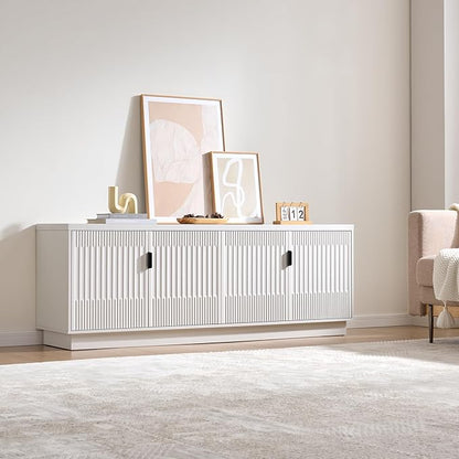 Fatmok Fluted TV Stand for up to 75" TVs, 68" Entertainment Center with 4 Doors, Modern Media Console with Adjustable Shelves & Storage Cabinets, White