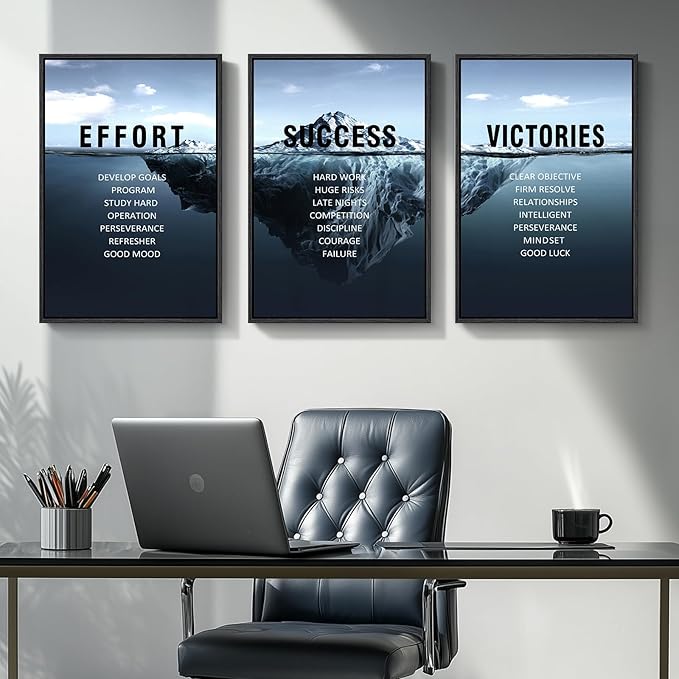 Framed Motivational Wall Art for Office Decor, Set of 3 Inspirational Modern Iceberg Canvas Wall Art Prints, Navy Blue Positive Quotes Pictures for Home Office Gym Library Wall Decor, 16x24 Inch