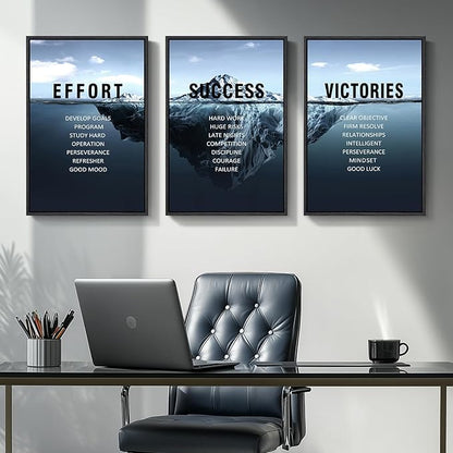 Framed Motivational Wall Art for Office Decor, Set of 3 Inspirational Modern Iceberg Canvas Wall Art Prints, Navy Blue Positive Quotes Pictures for Home Office Gym Library Wall Decor, 16x24 Inch