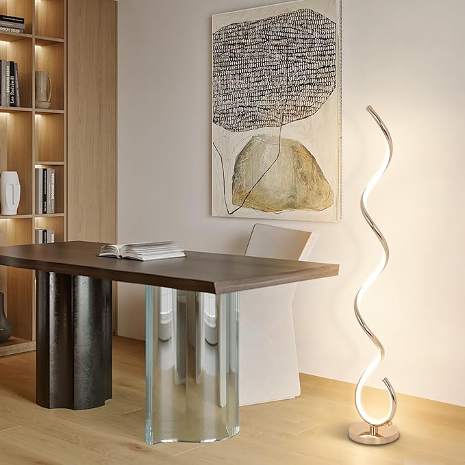 EIDISUNY Modern Spiral Floor Lamp for Living Room, Bedroom & Office - 3 Color Temperature LED with Remote & Foot Switch, Dimmable 48W (Gold)