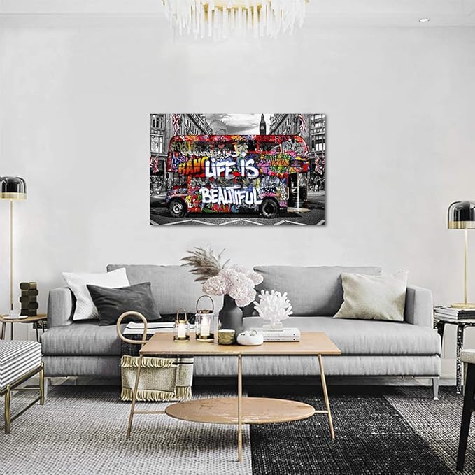 Graffiti Street Wall Art Banksy Painting Artwork Framed Life is Beautiful Wall Decor Canvas Prints Graffiti Picture for Living Room Office Bedroom Ready to Hang -44" Wx28 H