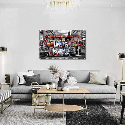 Graffiti Street Wall Art Banksy Painting Artwork Framed Life is Beautiful Wall Decor Canvas Prints Graffiti Picture for Living Room Office Bedroom Ready to Hang -44" Wx28 H
