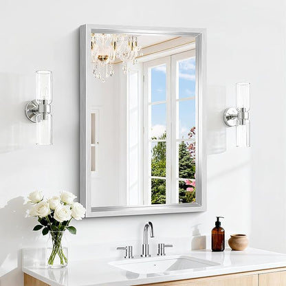 36x24 Silver Bathroom Mirror, Brushed Silver Rectangular Mirror for Wall, 0.6" Thickened Deep Frame Mirrors for Bathroom Sink, Shatterproof Tempered Glass, Antirust, Horizontally or Vertically