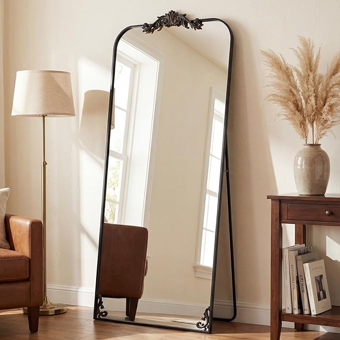 Antok Arched Full Length Mirror, 71"x32" Floor Mirror with Carved, Full Body Mirrors for HomeDecor, Standing/Halling Large Wall Mirror for Bedroom, Living Room, Cloakroom, Bronze, Luxury Style