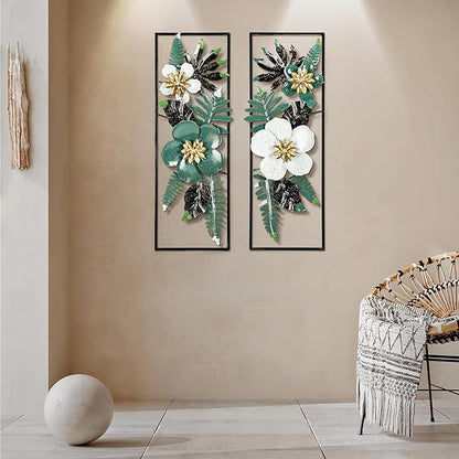 Metal 3D Wall Art Decor 2 Pcs 34" x 15" Wall Decor Handmade Green Leaf Flower Hanging Home Decor with Frame Wall Sculptures Modern for Living Room, Bedroom, Dining Room, Office and Hotel Large