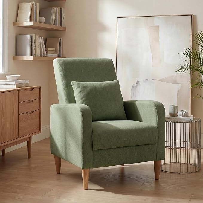 COLAMY Mid-Century Modern Upholstered Accent Chair with Back Pillow & Solid Wood Legs, Fabric Cozy Armchair for Living Room, Bedroom, Reading Nook, Apartment & Small Spaces, Green