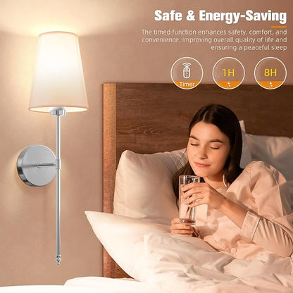 NIORSUN 25.4 inch Brushed Nickel Battery Operated Wall Sconce Set of 2,Rechargeable Wall Lights with Dimmable Detachable Bulbs and Remote,9 Colors Wireless Sconces for Bedroom Living Room Hallway