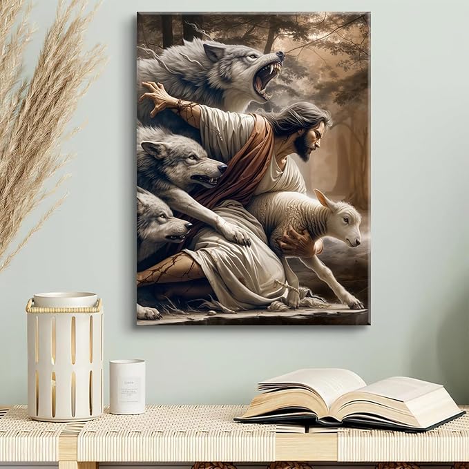 Jesus and Lamb Canvas Wall Art Jesus Saves the Lost Lamb Picture Wall Decor God Protect a Sheep from Wolves Painting Print Christian Poster Artwork for Living Room Bedroom Church (12x16in Canvas)