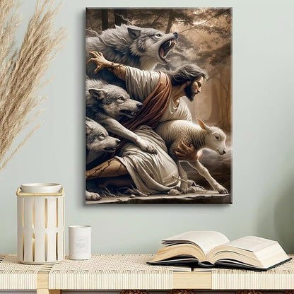 Jesus and Lamb Canvas Wall Art Jesus Saves the Lost Lamb Picture Wall Decor God Protect a Sheep from Wolves Painting Print Christian Poster Artwork for Living Room Bedroom Church (12x16in Canvas)
