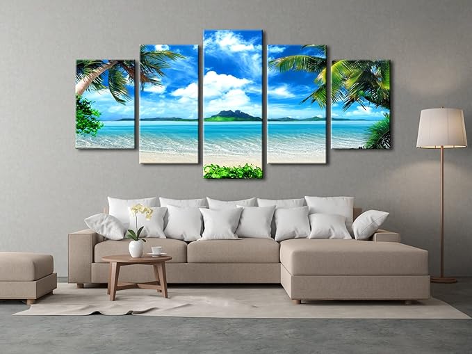 Pyradecor Modern 5 Piece Canvas Prints Artwork Contemporary Landscape Blue Sea Beach Pictures Paintings on Canvas Wall Art for Living Room Home Decorations Extra Large