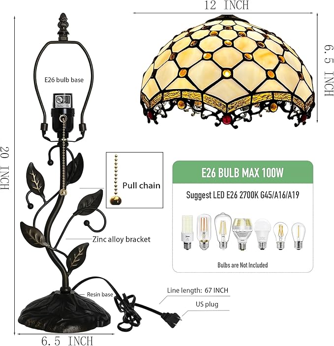 Tiffany Lamp Stained Glass Style Table Lamp Beads Style Bedside Desk Reading Light W12H19 Inch Metal Leaf Base with Metal Leaf Base