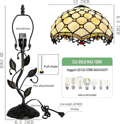 Tiffany Lamp Stained Glass Style Table Lamp Beads Style Bedside Desk Reading Light W12H19 Inch Metal Leaf Base with Metal Leaf Base