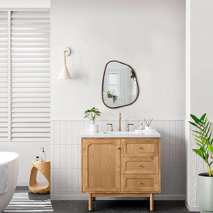 Asymmetrical Accent Mirror for Wall Irregular Oval Wood Frame Modern Unique Wall Mirrors Decorative Boho Vanity Bathroom Living Room Bedroom Entryway Hallway Artistic Wavy Mirror Small 16"x12"