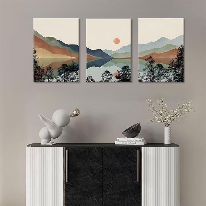 Bwodke Canvas Wall Art Framed Mountain Wall Art Set of 3 Boho Watercolor Nature Landscape Picture Decor Sun Forest Abstract Prints Artwork Painting for Living Room Bedroom Office 16"x24"