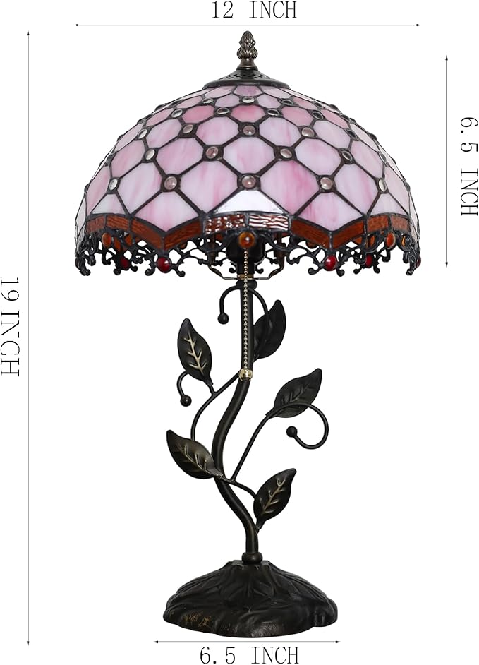 Tiffany Lamp Stained Glass Style Table Lamp Pink Beads Style Bedside Desk Reading Light W12H19 Inch Metal Leaf Base with Metal Leaf Base