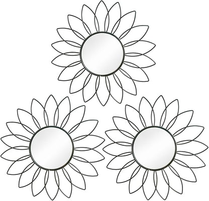 3 Pack Metal Mirrors for Wall Sunburst Wall Mirrors Home Décor Decorative Hanging Wall Art for Living Room Bedroom Entryway (Black2, Flowers)