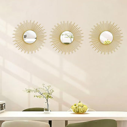 3 Pack Metal Mirrors for Wall Sunburst Wall Mirrors Home Décor Decorative Hanging Wall Art for Living Room Bedroom Entryway (Gold2, Sunburst)