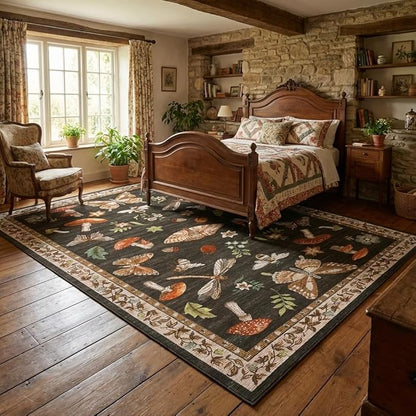 ROYHOME Mushroom Washable Rug 9x12 Area Rugs for Living Room, Insect Print Rug for Bedroom, Non Slip Throw Rugs with Rubber Back, Soft Low Pile Dining Room Under Table, Brown
