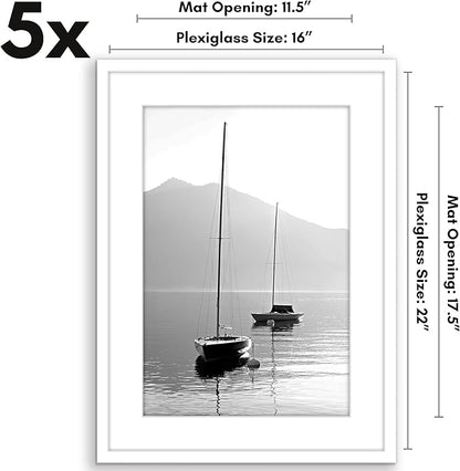 Americanflat 16x22 Picture Frame with Polished Plexiglass - Set of 5 - Use as 12x18 Frame with Mat or Display 16x22 Photo Without Mat - Galleria Collection - Picture Frames for Wall Display - White