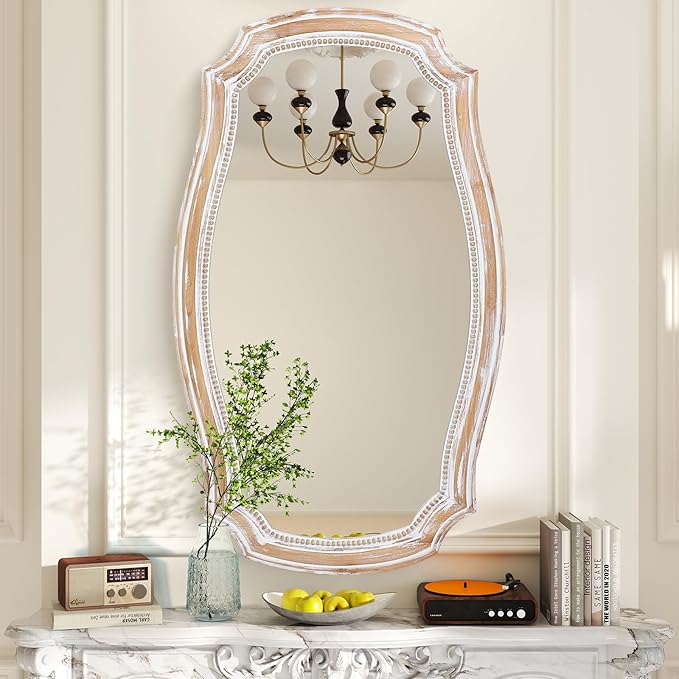 HOITUZYUS 36x24 Inches Rustic Scalloped Wall Mirror, Baroque Curved with Beaded, Distressed Wooden Decorative Mirros for Living Room, Bedroom, Entryway - Horizontal or Vertical