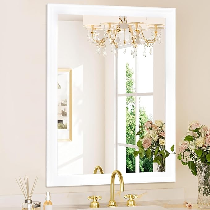 Rectangle Mirrors for Wall 30x40 Inch, White Wood Framed Bathroom Mirror with Tempered Glass for Bedroom Living Room Office or Hallway (White, 30x40 in)