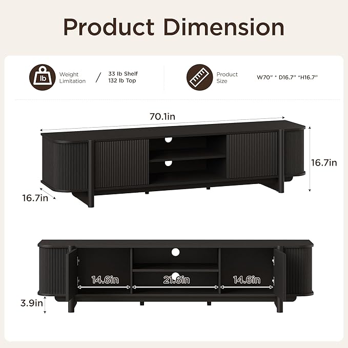 Vabches 70" Mid Century TV Stand for TVs up to 80 Inch,Fluted Entertainment Center with Storage and Adjustable Shelves,Modern Media Console Table for Living Room,Bedroom,Black