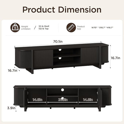 Vabches 70" Mid Century TV Stand for TVs up to 80 Inch,Fluted Entertainment Center with Storage and Adjustable Shelves,Modern Media Console Table for Living Room,Bedroom,Black
