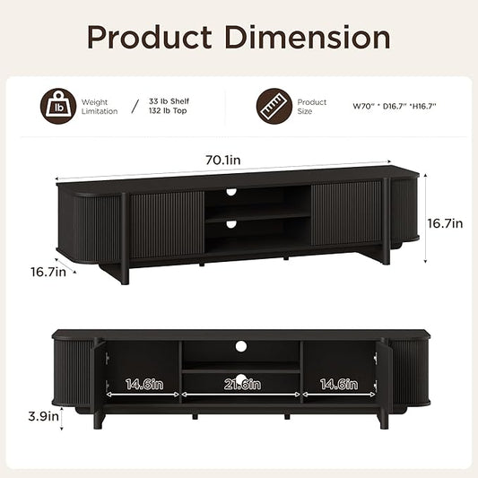 Vabches 70" Mid Century TV Stand for TVs up to 80 Inch,Fluted Entertainment Center with Storage and Adjustable Shelves,Modern Media Console Table for Living Room,Bedroom,Black