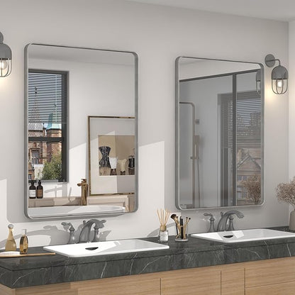2 Pack of 24x36 Inch Silver Brushed Nickel Bathroom Mirror for Wall, Rounded Rectangle Silver Framed Bathroom Vanity Mirror, Anti-Rust, Shatterproof, Hangs Horizontally or Vertically