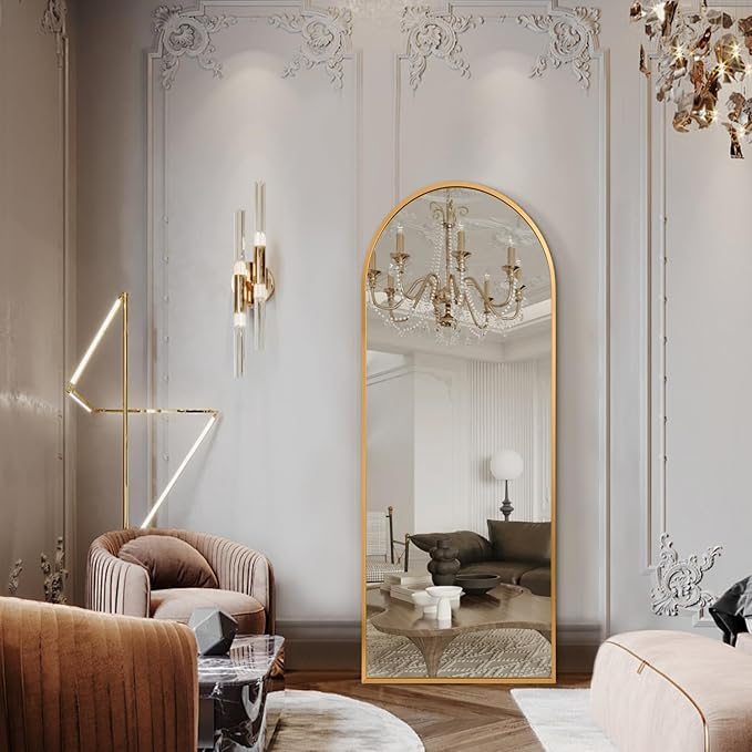 Wall Mirror Full Length Metal Aluminum Framed Floor Mirror 48"x12" Arched Large Full Body Mirror for Bedroom Living Room Entryway Dressing Room Gold