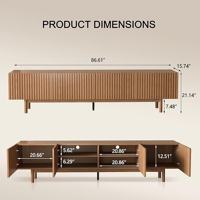 Mid Century Modern TV Stand for 85 Inch TV, Fluted Walnut TV Console with Storage, 4 Doors Media Console, Entertainment Center for Living Room