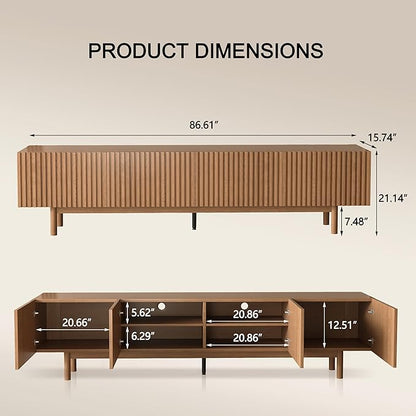 Mid Century Modern TV Stand for 85 Inch TV, Fluted Walnut TV Console with Storage, 4 Doors Media Console, Entertainment Center for Living Room