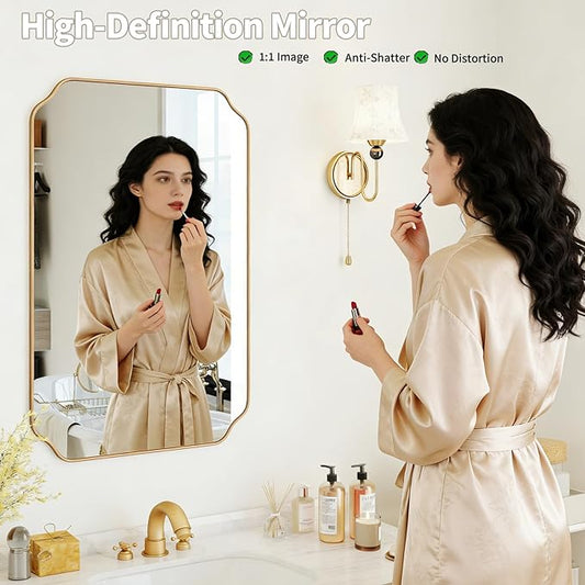 Gold Wall Mirror 36"x24", Scalloped Edge Vanity Mirror - Hangs Vertically/Horizontally Decorative Bathroom Mirror for Vanity, Bedroom & Entryway, Aesthetic Bathroom Decor