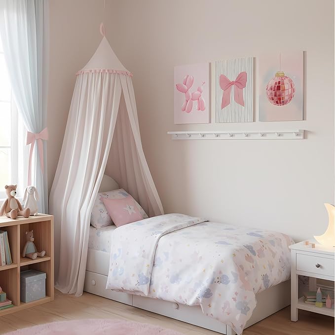 Yxjyzzkx Pink Cute Wall Art Set of 3 – Aesthetic Canvas Prints for Girls Room, Nursery & Kids Bedroom, Pink Bow Balloon Dog Chandelier Artwork, Modern Kawaii Wall Decor