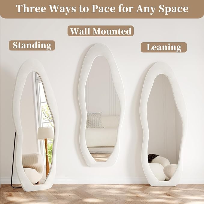 Full Length Mirror, 63"x24" Full Body Mirrors, Flannel Floor Mirrors with Stand, Irregular Wavy Mirror Hanging or Leaning Against Wall for Bedroom Living Room, Beige