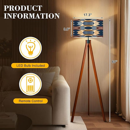 Wood Tripod Floor Lamp Abstract mid Century Seamless Mid Century Standing Lamp Linen Shade Dimmable Modern Tall lamp Home Decor for Living Room Bedroom Office