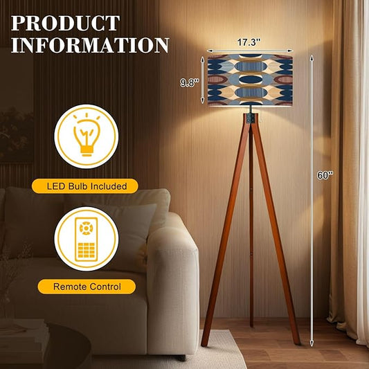 Wood Tripod Floor Lamp Abstract mid Century Seamless Mid Century Standing Lamp Linen Shade Dimmable Modern Tall lamp Home Decor for Living Room Bedroom Office