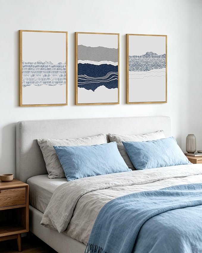 PHOPAGO Navy Blue Abstract Framed Wall Art Large 16x24in Mid Century Minimalist Boho Wall Decor Modern Neutral Farmhouse Rustic Art Bedroom Living Decor - Natural Framed