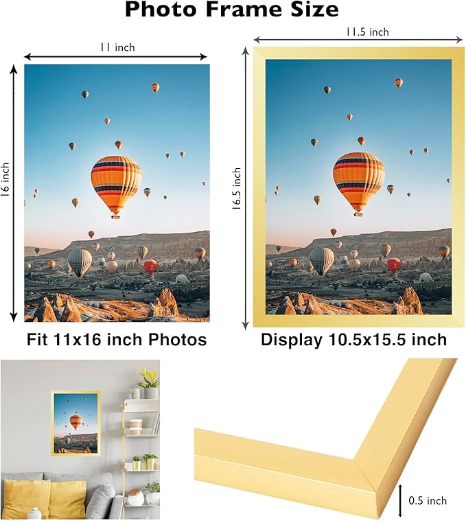 JCJMY 11x16 Gold Picture Frame Set of 6, Horizontal and Vertical Formats for Wall Hanging, 11 x 16 Wall Gallery Poster Photo Frames with Shatter Resistant Plexiglass, 6 Pack, Gold