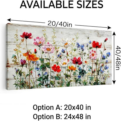 BQVCT Rustic Wildflower Canvas Wall Art 24x48 Inch on Distressed Wood Colorful Floral Print Red Pink Blue Orange Flowers Painting Farmhouse Home Decor for Living Room Bedroom