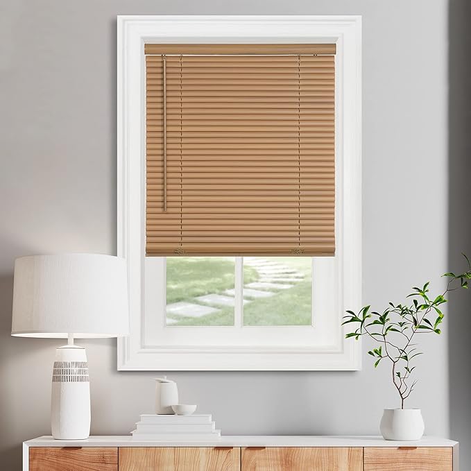 Cordless Light Filtering Mini Blind - 32 Inch Width, 72 Inch Length, 1" Slat Size - Woodtone - Cordless GII Morningstar Horizontal Windows Blinds for Interior by Achim Home Decor
