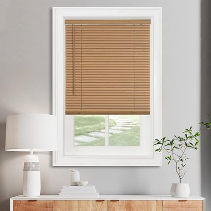 Cordless Light Filtering Mini Blind - 32 Inch Width, 72 Inch Length, 1" Slat Size - Woodtone - Cordless GII Morningstar Horizontal Windows Blinds for Interior by Achim Home Decor