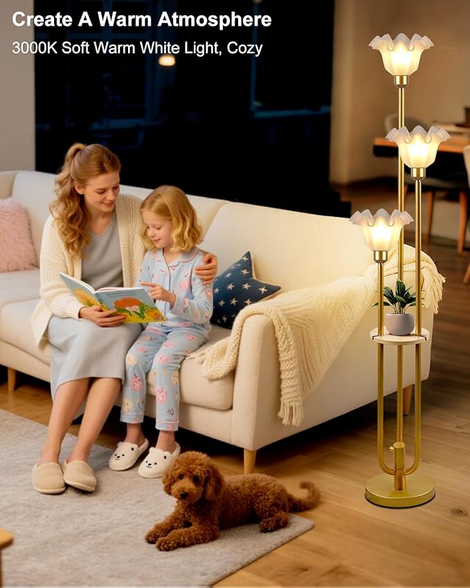 Flower Floor Lamp for Living Room, Vintage Dimmable Floor Lamp with Shelf & LED Bulbs, 3 Light 3000K Warmwhite Mid Century Gold Floral Standing Tall Lamp with 5Lbs Heavy Base for Bedroom