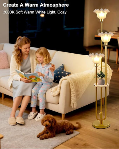 Flower Floor Lamp for Living Room, Vintage Dimmable Floor Lamp with Shelf & LED Bulbs, 3 Light 3000K Warmwhite Mid Century Gold Floral Standing Tall Lamp with 5Lbs Heavy Base for Bedroom