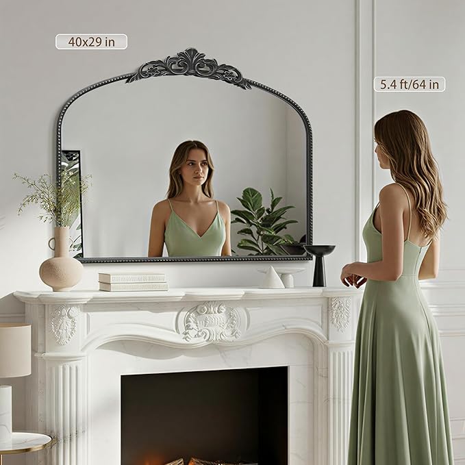 Micasso Large Vintage Black Mirror: 40"x29" French Baroque Antique Arched Mirror - Traditional Ornate Decorative for Wall/Fireplace/Mantel/Entryway/Bathroom/Hallway - Home Decor for Living Room