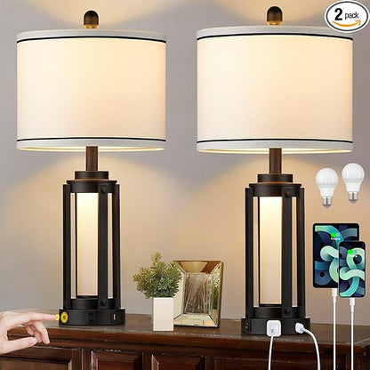 25" Modern Table Lamps Set of 2, Industrial Beside Lamps with USB A+C Charging Ports & AC Outlet, Nightstand Lamp with Glass Night Light for Living Room Bedroom End Table Decor White(4 Bulbs Included)