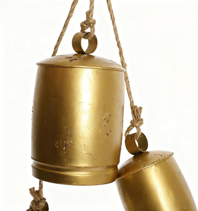Vintage Gold Metal Cow Bells Set of 3 Handcrafted Hanging Bells with Jute Rope Rustic Farmhouse Distressed Bells for Porch Wreaths Walls & Year-Round Ranch Décor